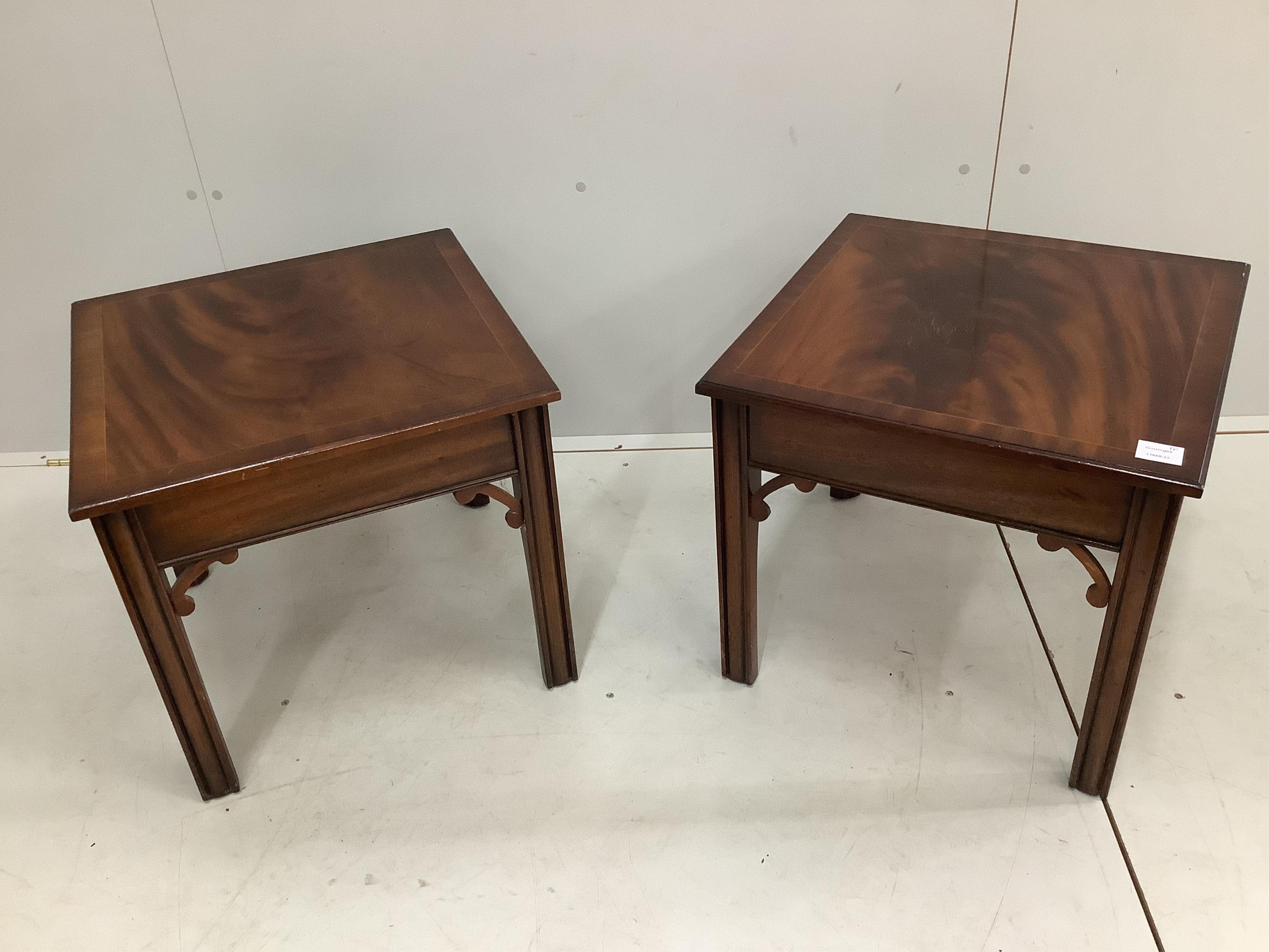 A pair of reproduction mahogany square occasional tables, 51cm, height 47cm. Condition - fair